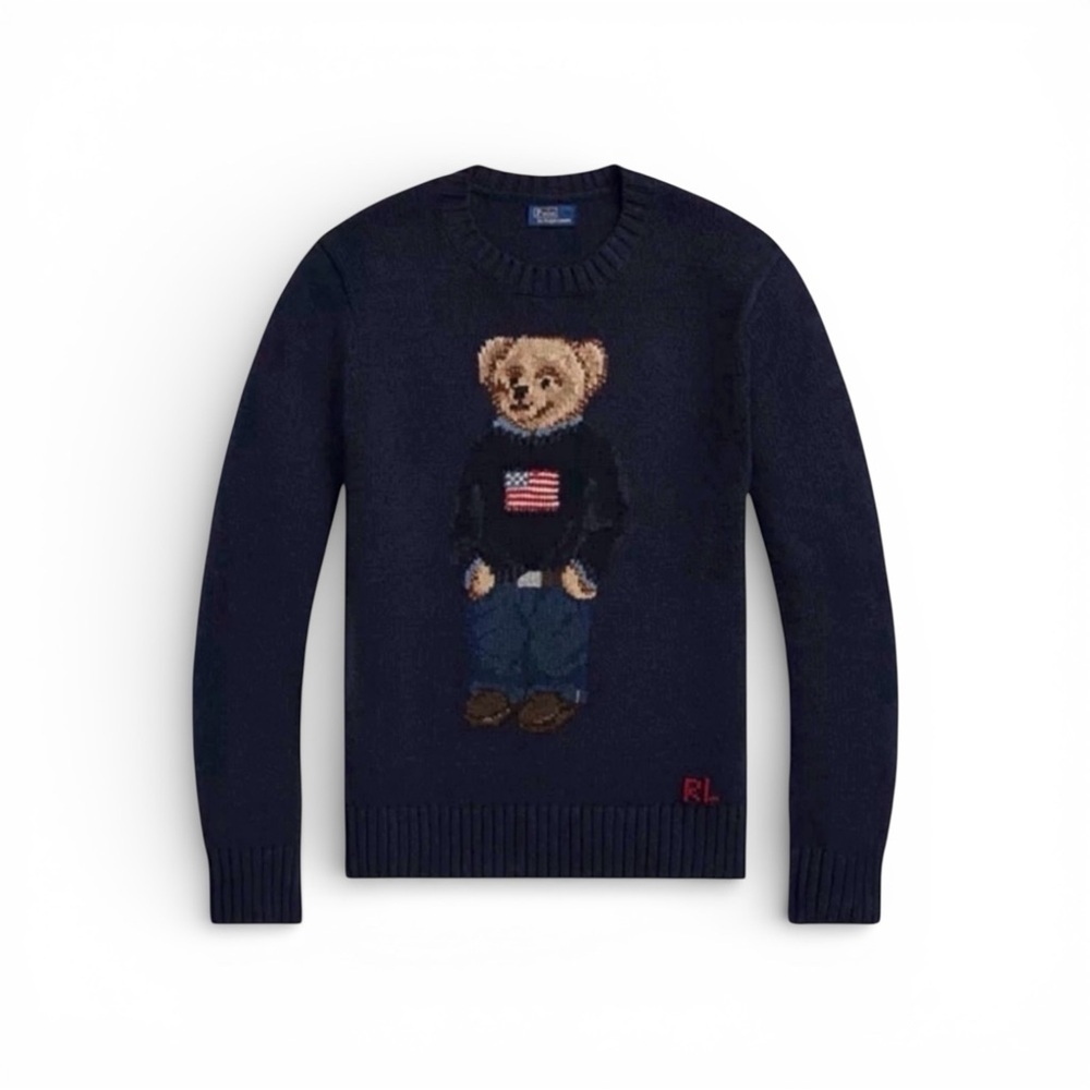 Vintage Polo Ralph Lauren Bear Sweater Navy Knit OG RL Polo Bear USA Flag - Picture 3 of 12